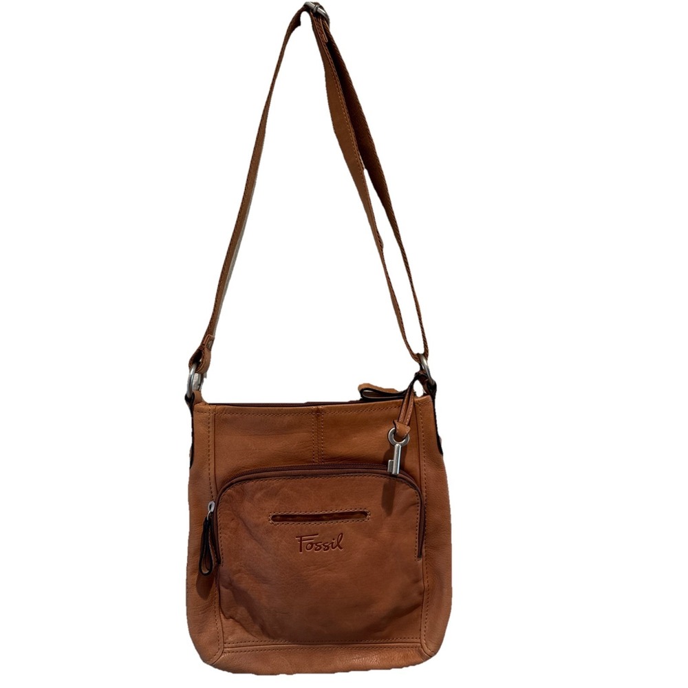 Fossil Hanover Leather Cognac Brown Crossbody Messenger Tote Bag Purse W Key Tag